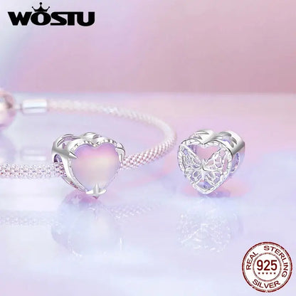 WOSTU 925 Sterling Silver Aurora Butterfly Heart Charm Beads with CZ Stones