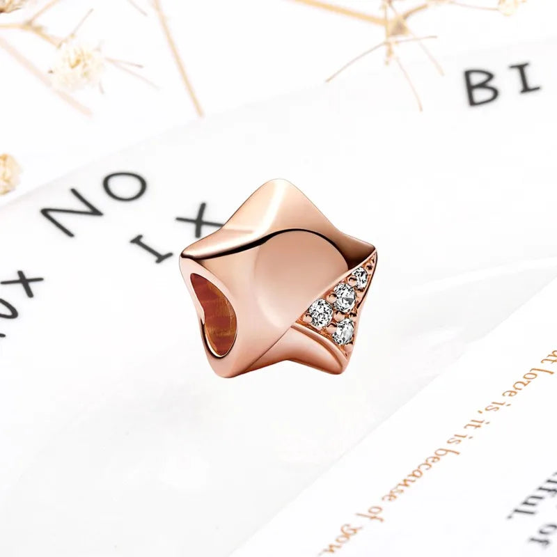 Rose Gold Winged Angel Heart Charm Bead Pink Daisy Spacer
