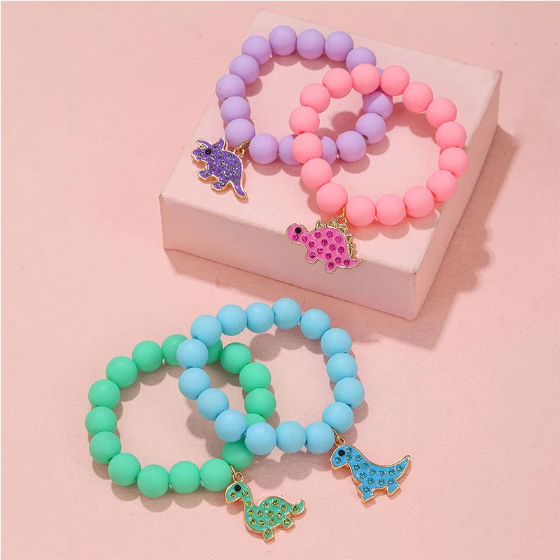 Adorable Cartoon Dinosaur Charm Elastic Bracelets for Girls Jewelry Gift Set