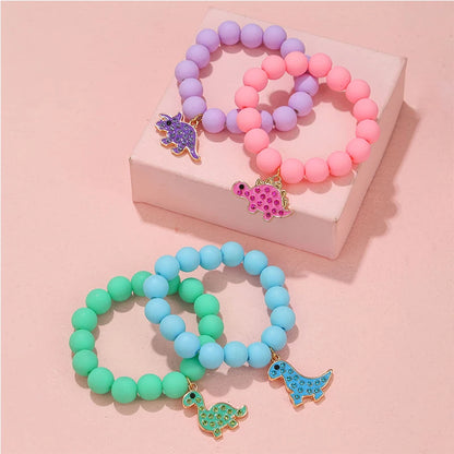 Adorable Cartoon Dinosaur Charm Elastic Bracelets for Girls Jewelry Gift Set