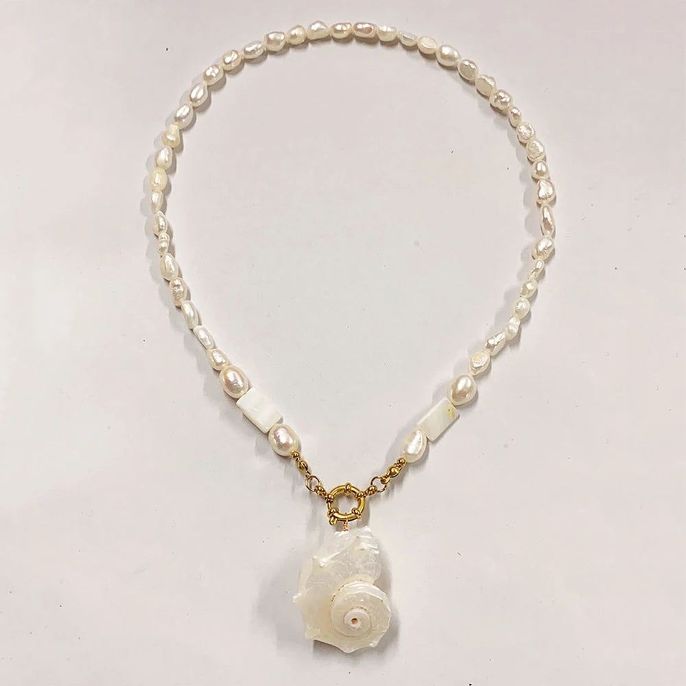 Elegant Freshwater Pearl Conch Necklace for Women - Unique Vacation Jewelry with Stainless Steel Chain