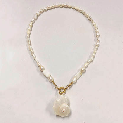 Elegant Freshwater Pearl Conch Necklace for Women - Unique Vacation Jewelry with Stainless Steel Chain