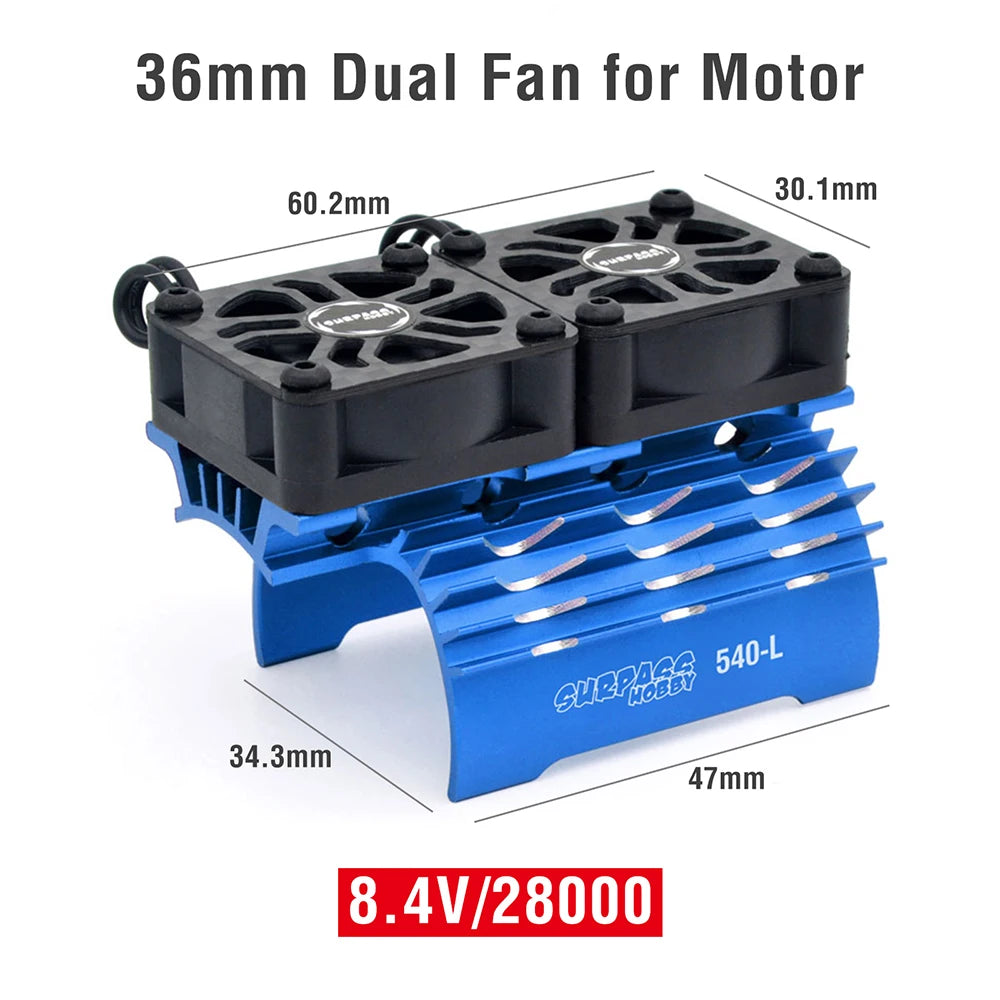 SURPASS HOBBY RC Motor Fan Cooling Heatsink for 380 390 540 550 36mm Dual Fan Blue