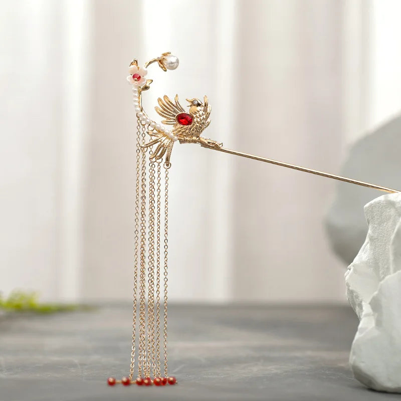 Elegant Gold Red Floral Pearl Long Tassel Hairpins Bridal Chinese Wedding Headpiece