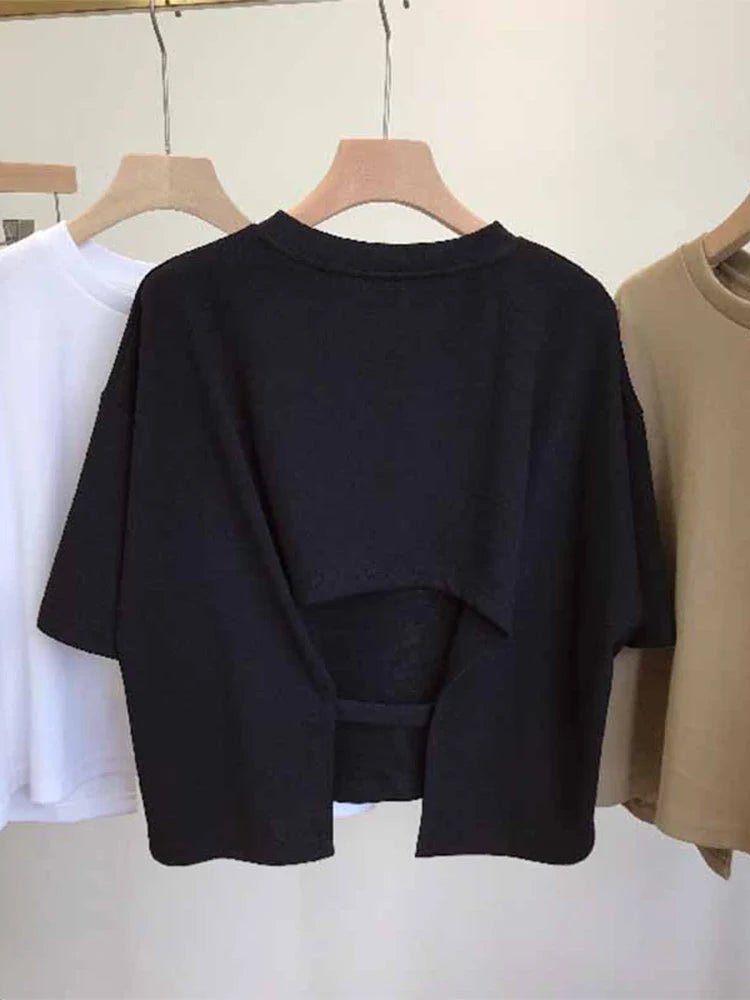 Korean Summer Backless Crop Top Loose Round Neck Sweet