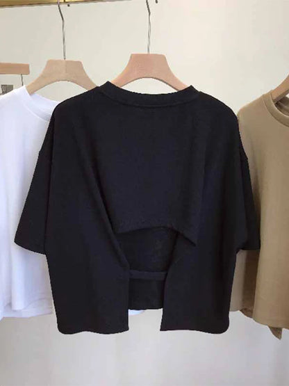 Korean Summer Backless Crop Top Loose Round Neck Sweet