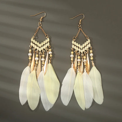 Bohemian Long Feather Drop Earrings with Tassel Beads and Enamel Flowers for Women