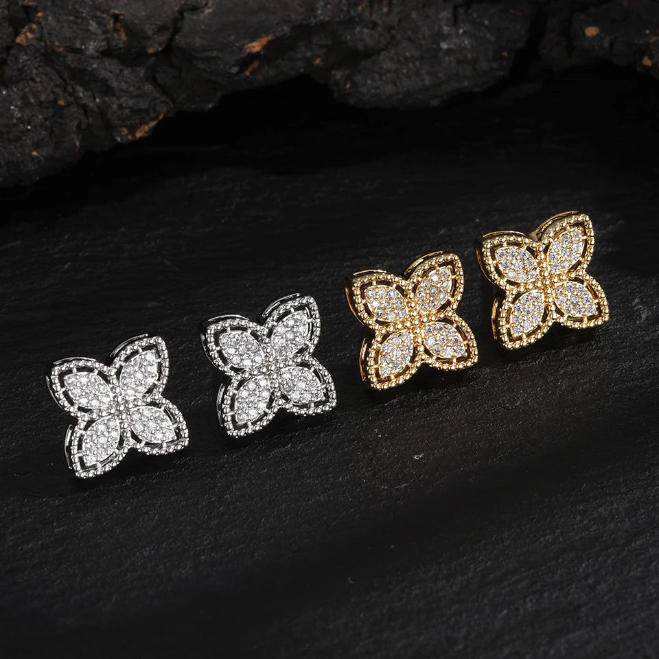ZAKOL 18K Gold Four-Leaf Flower Cubic Zirconia Stud Earrings for Women