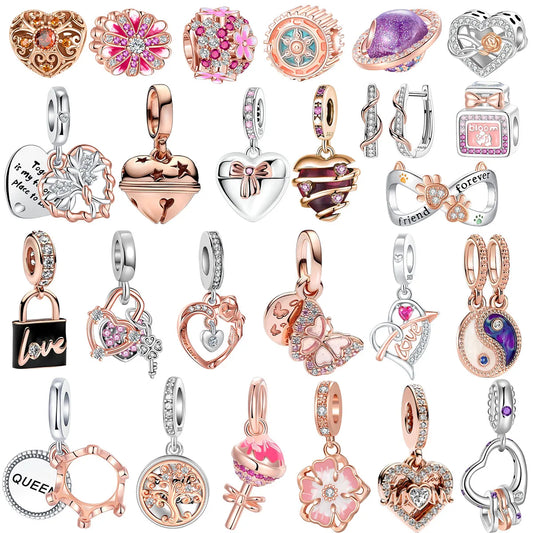 Original 925 Sterling Silver Rose Gold Snowflake Heart Fish Charms Beads for DIY Necklace and Bracelet Jewelry Gift