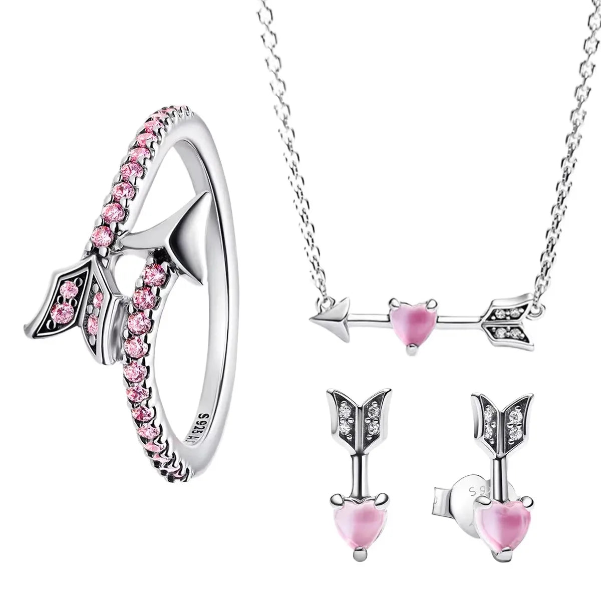 925 Silver Heart Arrow Jewelry Set with Colorful Zircon Sparkling Ring Earrings and Necklace Valentines Day Gift for Women