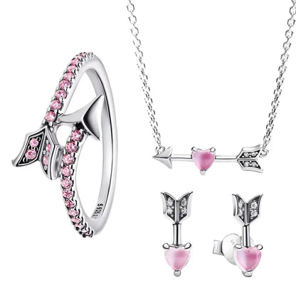 925 Silver Heart Arrow Jewelry Set with Colorful Zircon Sparkling Ring Earrings and Necklace Valentines Day Gift for Women