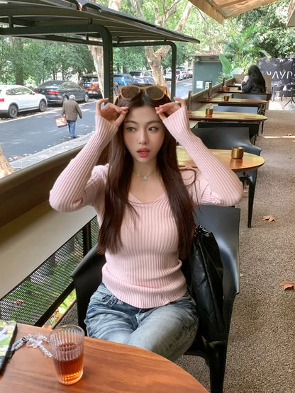Pink Suspender V Neck Knit Sweater For Women 2025 Slim