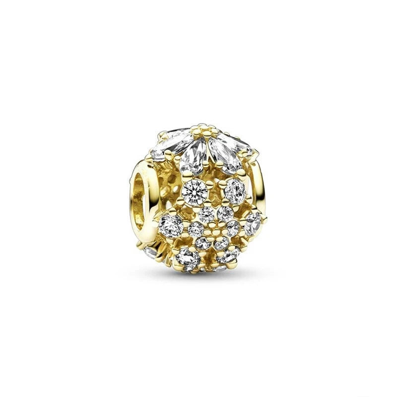 Gold Plated Pink Daisy And Clear Heart Charm Bead 925