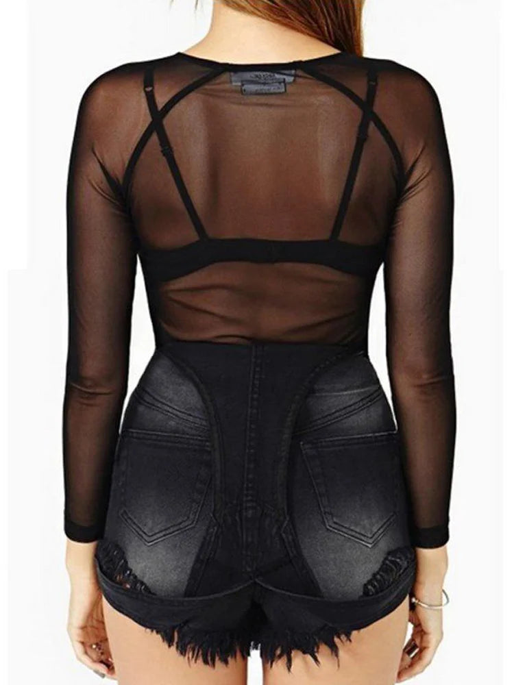 Spring Summer Womens Mesh Long Sleeve Top Transparent Tee