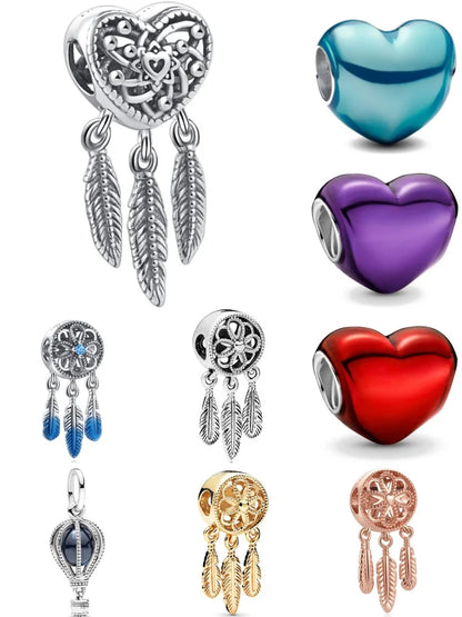 925 Silver Heart-Shaped Beads with Black Red Purple Blue Zircon for European Bracelets and DIY Jewelry