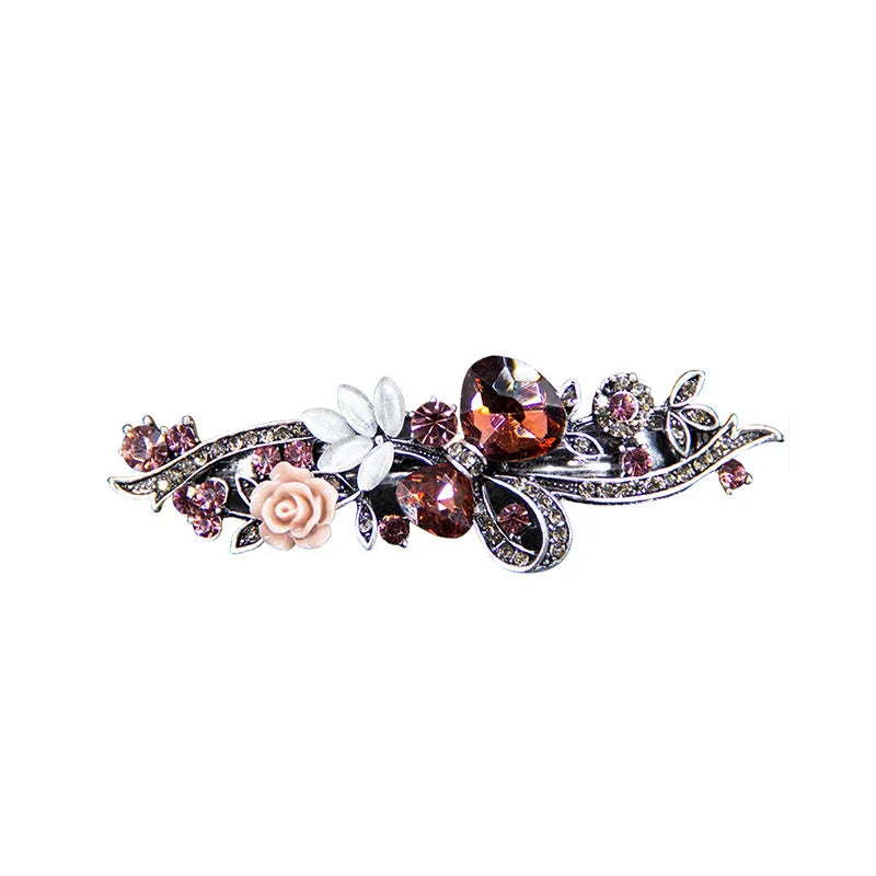 Elegant Red Crystal Flower Bow Hairpin With Vintage Blue Rhinestones