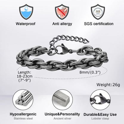 Mprainbow Vintage Punk Rock Chain Bracelet for Men Boys, 8mm Stainless Steel Link Wristband Gift