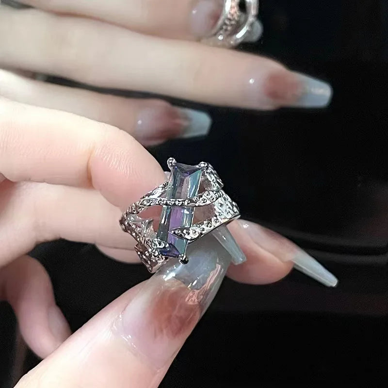 Hip Hop Blue Zircon Curved Matte Metal Ring for Women Retro Fashion Jewelry