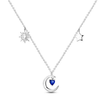 925 Sterling Silver Necklace with Pink Bow Heart Moon Butterfly Pendant Elegant Zircon Charm for Women Classic DIY Gift