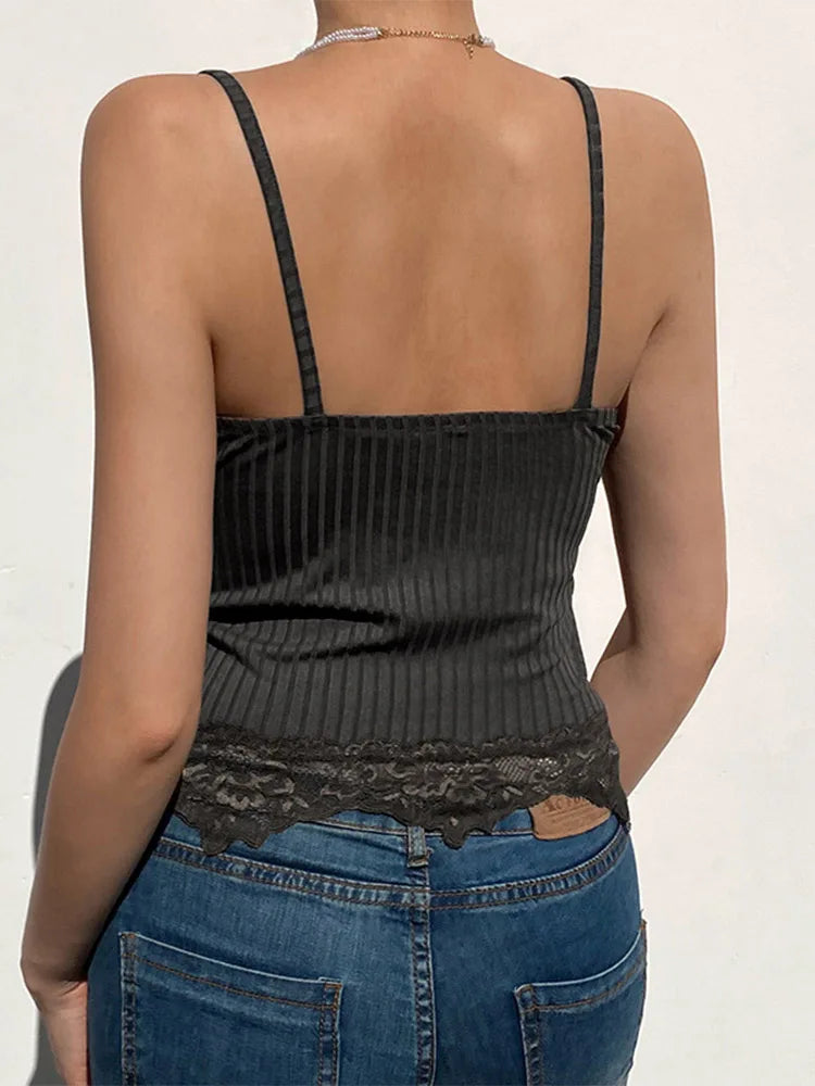Gothic Black Ribbed Lace Trim Backless Punk Crop Top