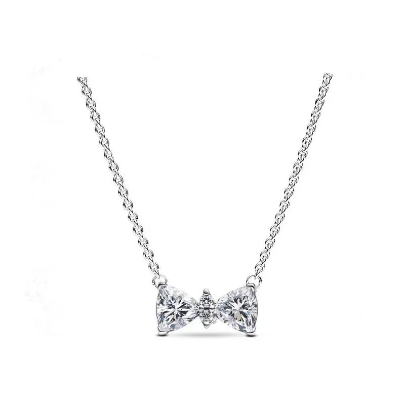 925 Sterling Silver Pink Bow Zircon Jewelry Set Necklace Earrings Bracelet DIY Gift for Women