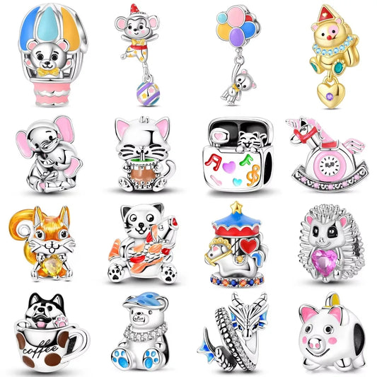 925 Sterling Silver Cat Bear Heart Beads Pendant Charm for Women DIY Bracelet Necklace Gift