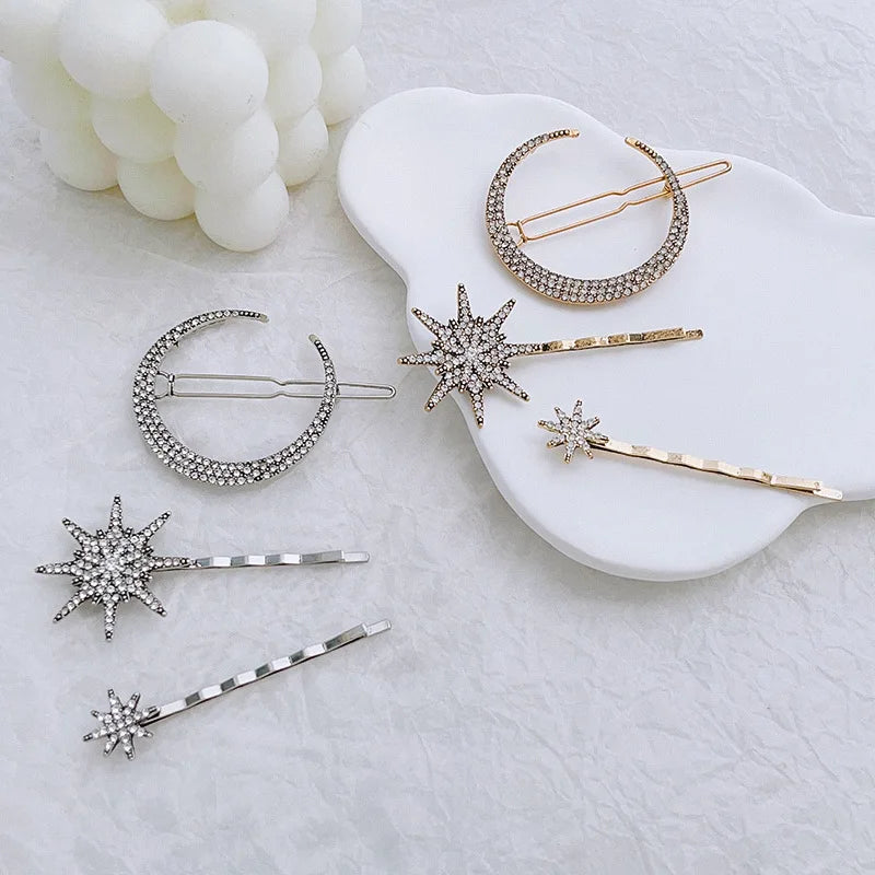 Geometric Stars & Moon Rhinestone Hair Clip Set - Top-Rated Bridal Hairpins for Women