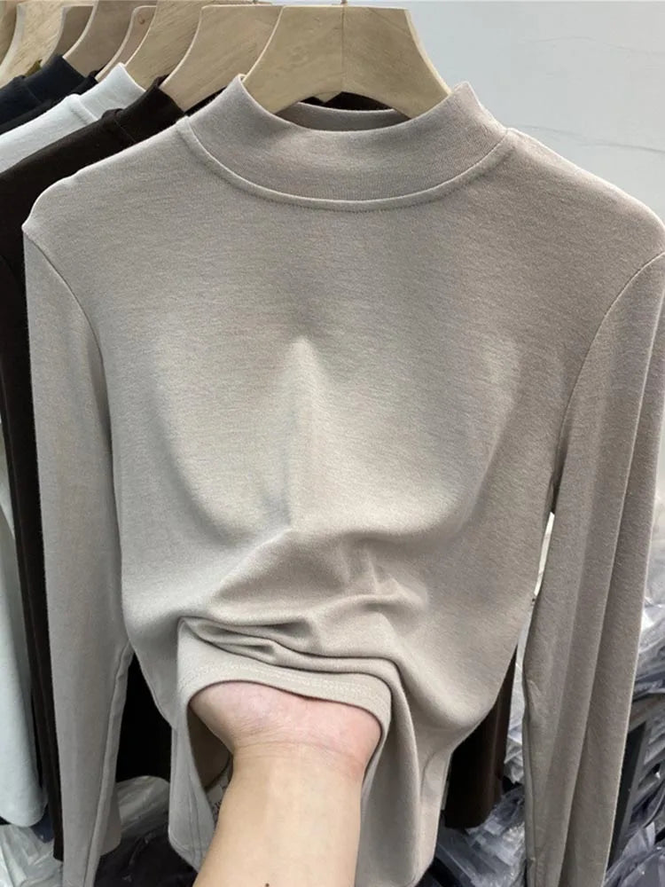 White Cotton Slim Fit Long Sleeve Half Turtleneck Women