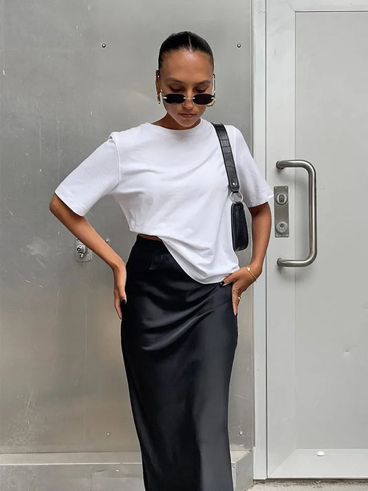 Satin Black Trumpet Skirt Women High Waist Long Office Wear