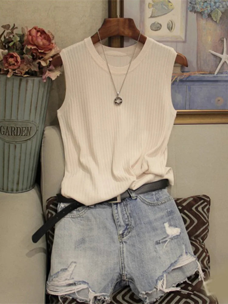 Dozw Knitted Tank Top Women O Neck Solid Vest Casual