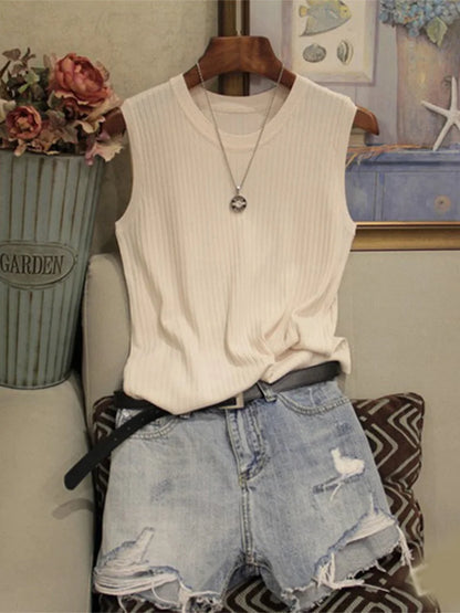 Dozw Knitted Tank Top Women O Neck Solid Vest Casual