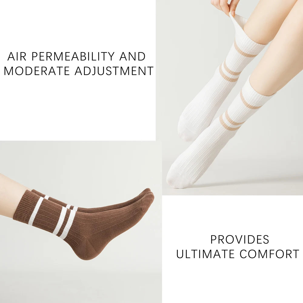 3 Pairs Retro Athletic Mid Calf Double Knit Socks Women
