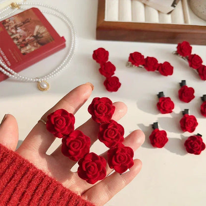 Velvet Rose Hairpins Set for Women and Girls - Elegant Red Flower Hair Clips for Weddings and Special Occasions
