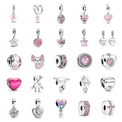 Spring Pink 925 Sterling Silver Enamel Flower Pendant for Mother Daughter Bracelets