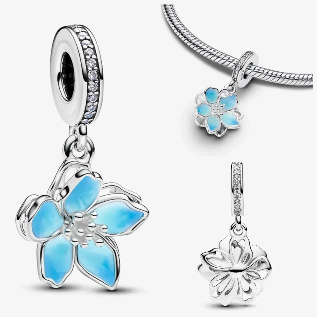 Sterling Silver Pink Blossom Dangle Charm with Butterfly Heart Flower Rose and Bird Bead for DIY Necklace and Bracelet Jewelry