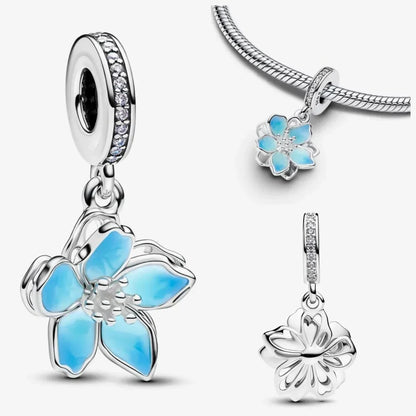Sterling Silver Pink Blossom Dangle Charm with Butterfly Heart Flower Rose and Bird Bead for DIY Necklace and Bracelet Jewelry