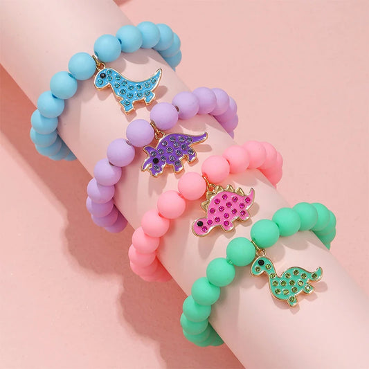 Adorable Cartoon Dinosaur Charm Elastic Bracelets for Girls Jewelry Gift Set