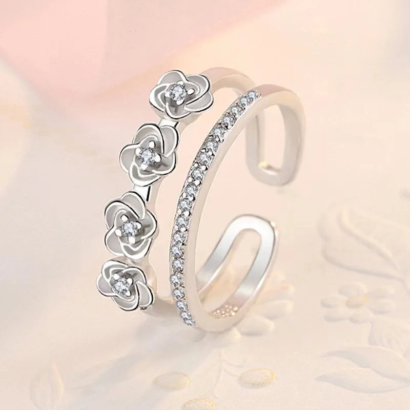 Elegant 925 Sterling Silver Heart Zircon Adjustable Ring for Women