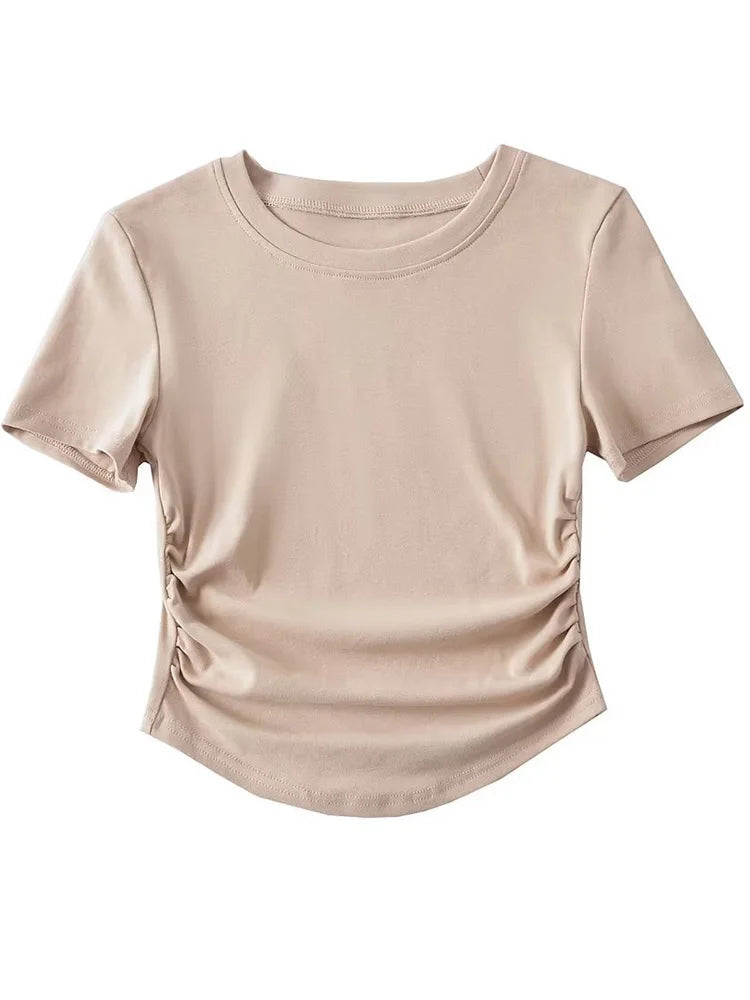 Harajuku 2024 Womens Crew Neck Ruched Side Cotton Tee