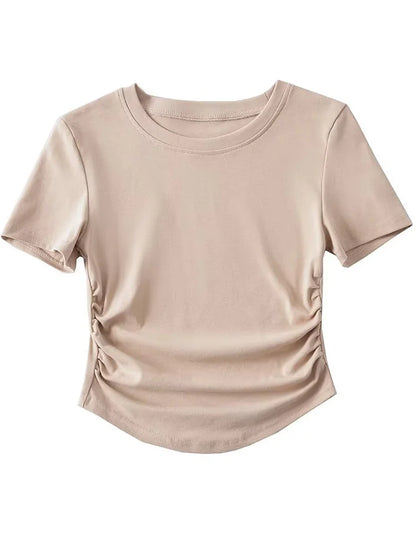 Harajuku 2024 Womens Crew Neck Ruched Side Cotton Tee