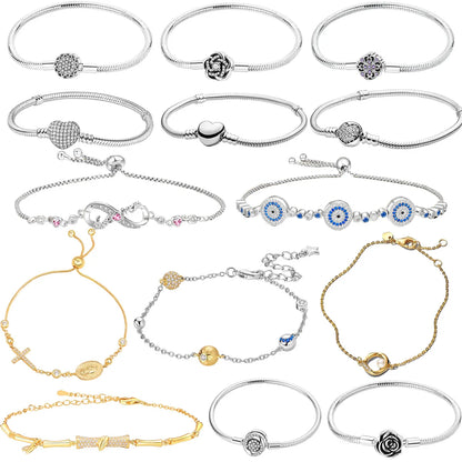 925 Sterling Silver Adjustable Gold Cross Virgin Mary Blue Eye Zircon Charm Bracelet for Women Birthday Gift