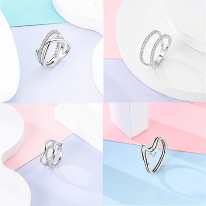 Women's Classic Geometric 925 Sterling Silver Ring with Overlapping Zircon