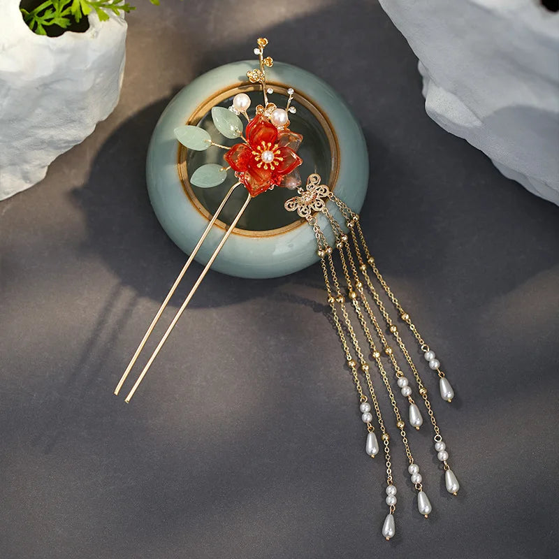 Elegant Gold Red Floral Pearl Long Tassel Hairpins Bridal Chinese Wedding Headpiece