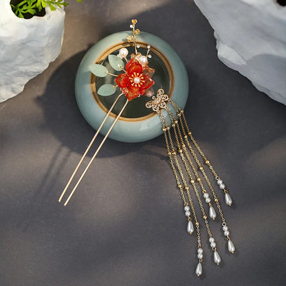 Elegant Gold Red Floral Pearl Long Tassel Hairpins Bridal Chinese Wedding Headpiece