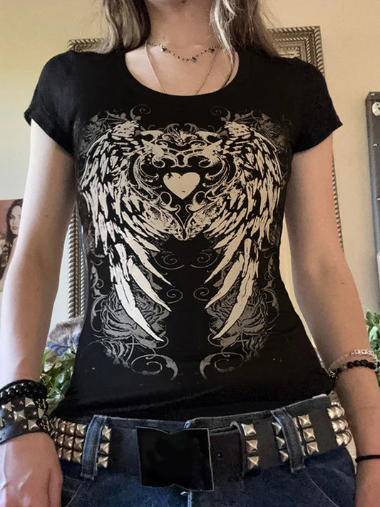 Casual Dark Printed T Shirt Basic Slim O-Neck Short Sleeve Tees Women 2025 Summer Fashion Streetwear Grunge Fairycore
