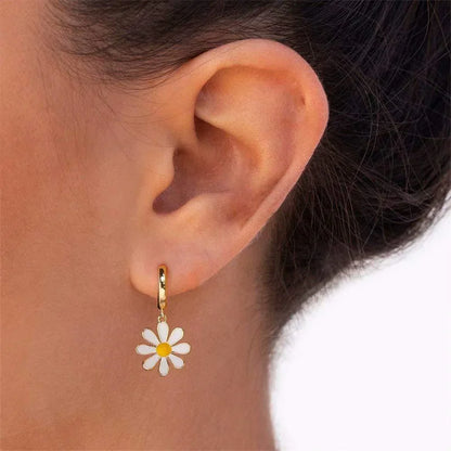 Vintage Daisy Flower Hoop Earrings with Delicate Enamel Sunflower Pendant for Women and Girls Summer Jewelry