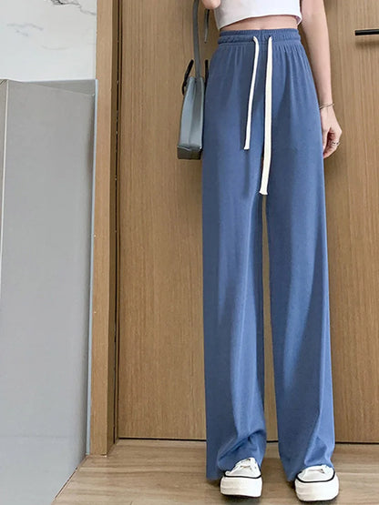 Summer Lace Up Wide Leg High Waist Pants for Women Ice Silk
