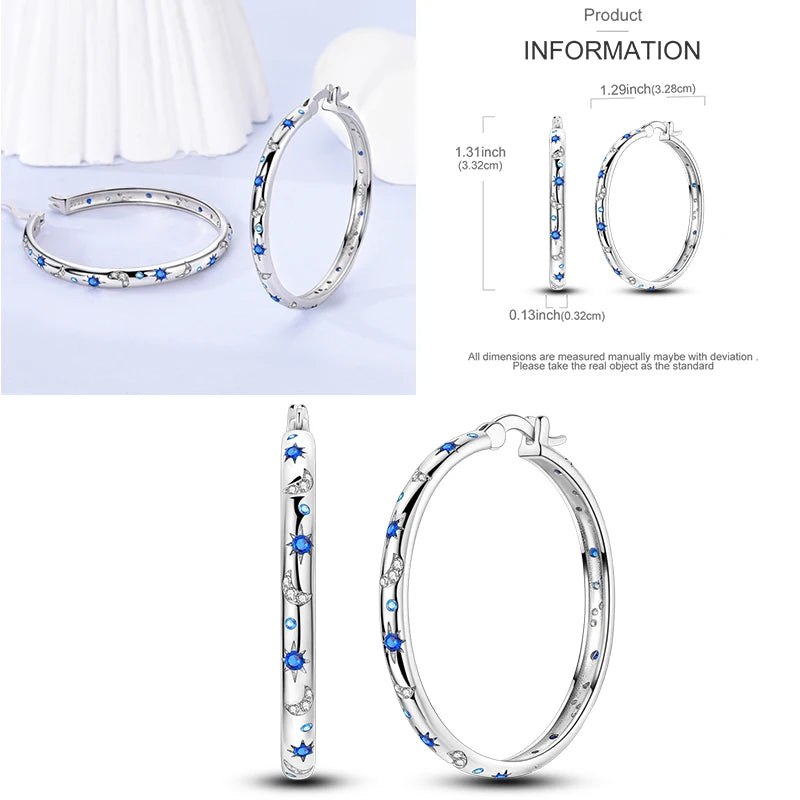 Blue Zircon 925 Sterling Silver Hoop Earrings Star Moon Butterfly Jewelry