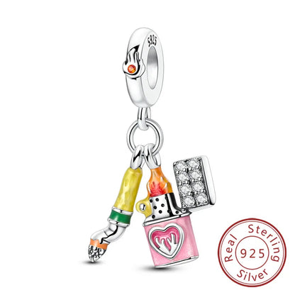925 Sterling Silver Owl Bow Zircon Charm Beads Pendant