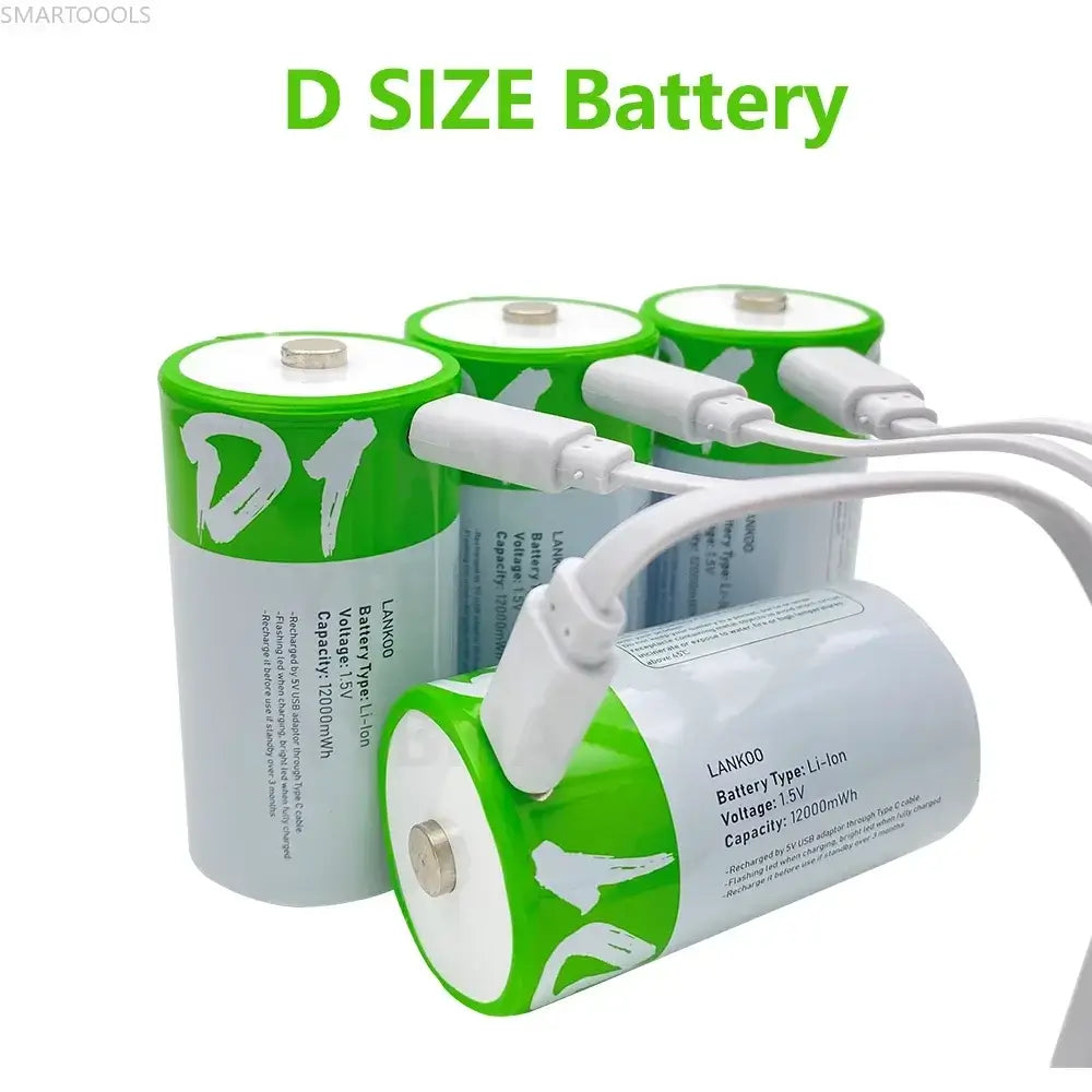 1-8PCS D Size USB Rechargeable Batteries LR20 Li-ion 1.5V 12000mWh 8 PCS D and 2 cable CHINA